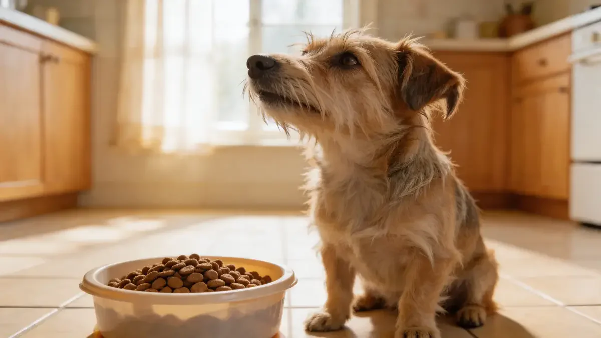 Small terrier turning away from a bowl of food