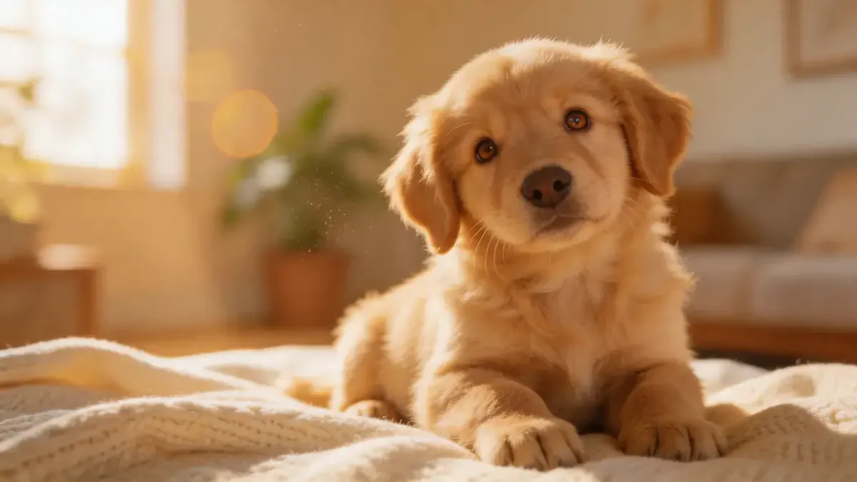 Eight-week-old puppy with a stack of supplies