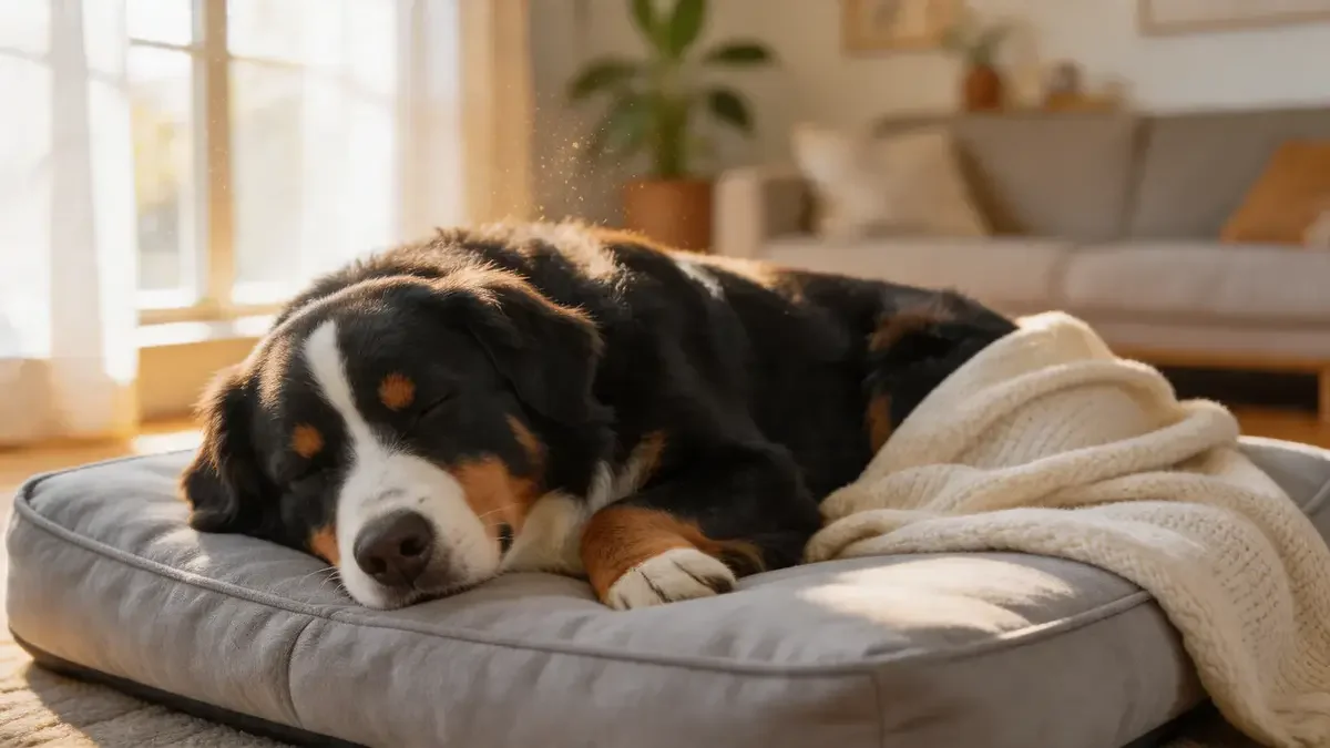 Bernese mountain dog on an orthopedic bed