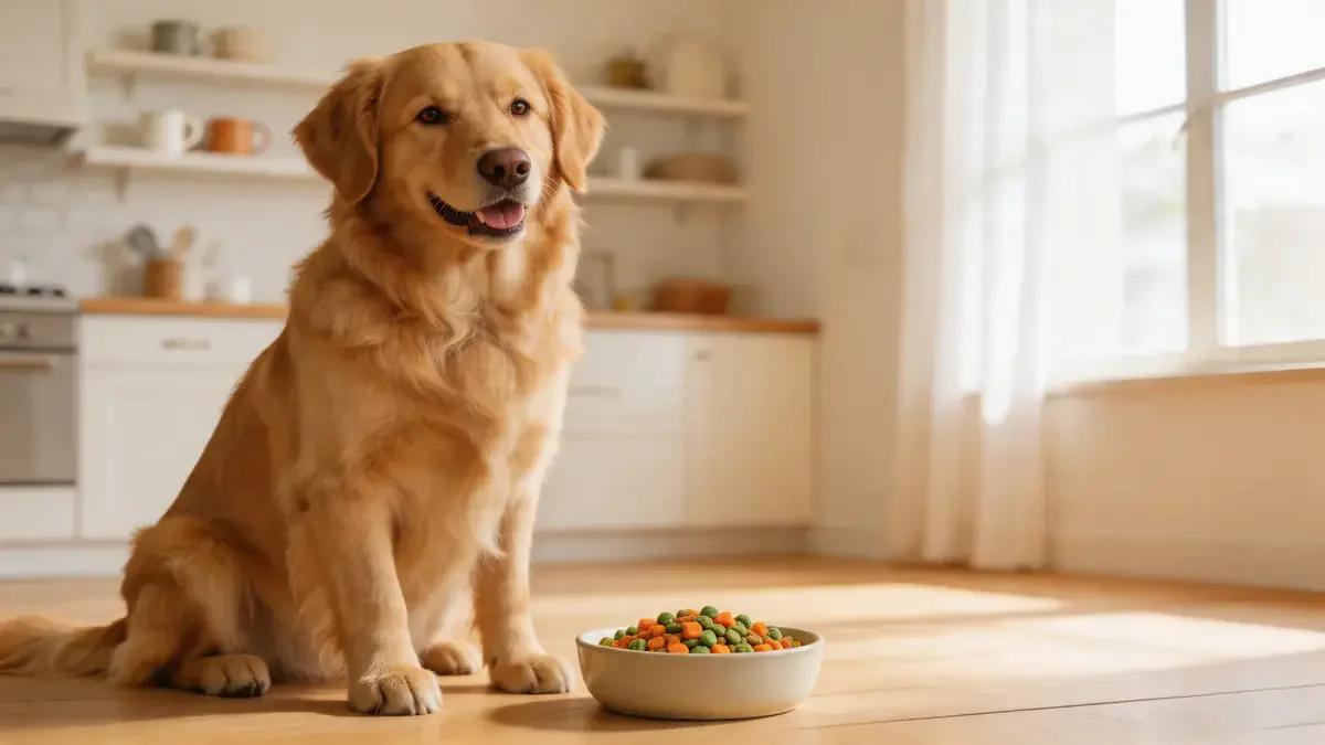 Golden retriever next to a bowl of freeze-dried raw dog food