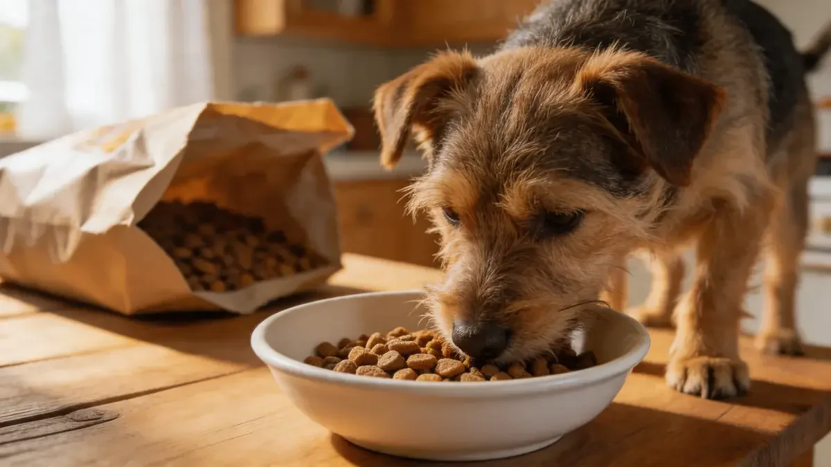 Terrier eating high-protein kibble from a bowl