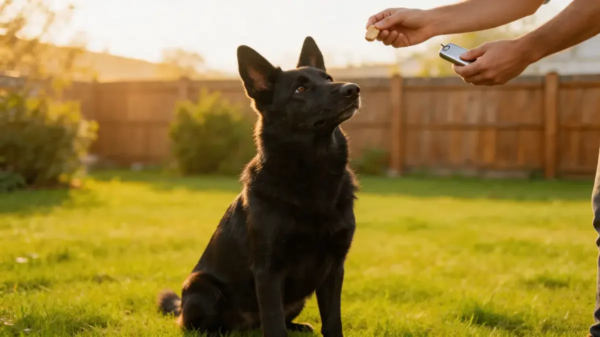 Dog sitting attentively during an outdoor training session