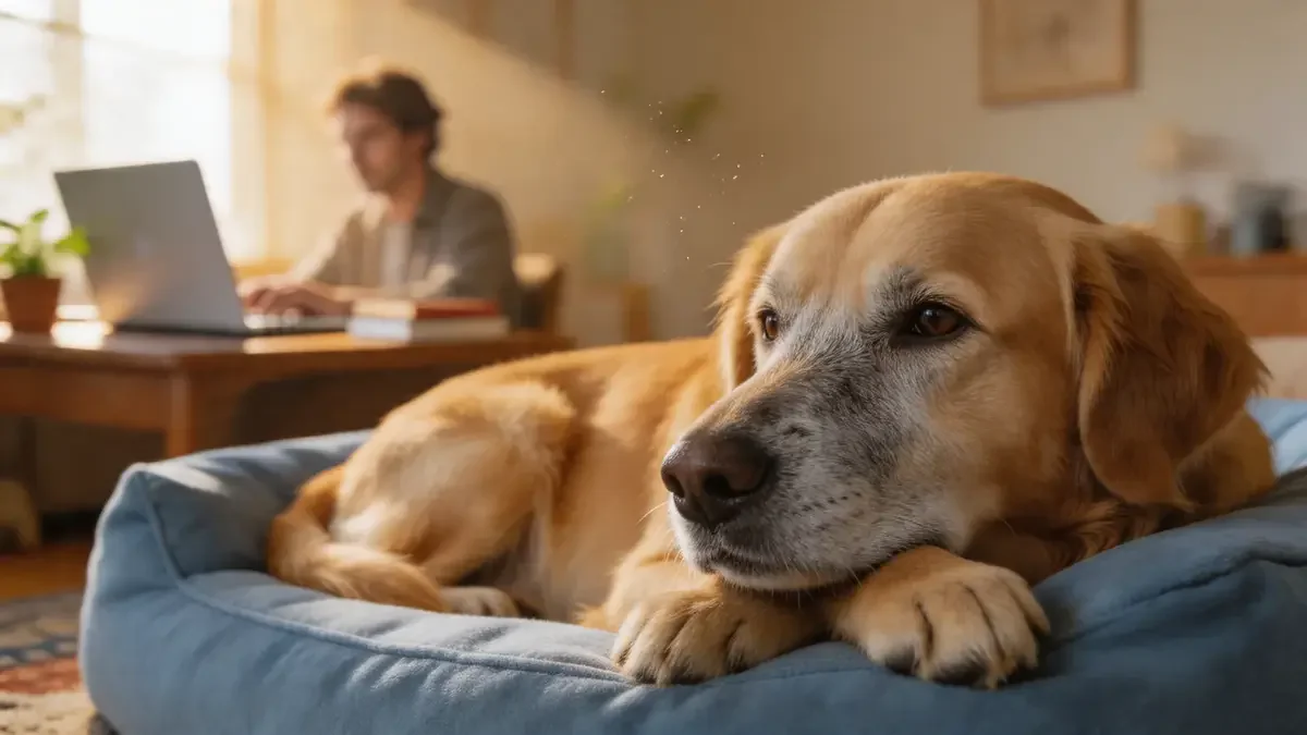 Senior golden retriever on a dog bed
