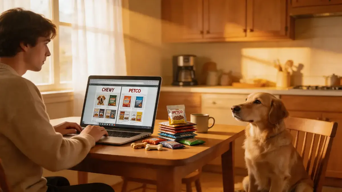 Person comparing online pet shops with a dog nearby